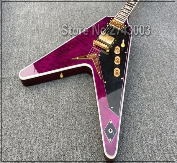 SHOP CUSTOM TRANS PURPLE FLAME MAPLE TOP FLING V GUITARE ÉLECTRIQUE Black Pickguard String à travers Body Bridge Gold Hardware1625894