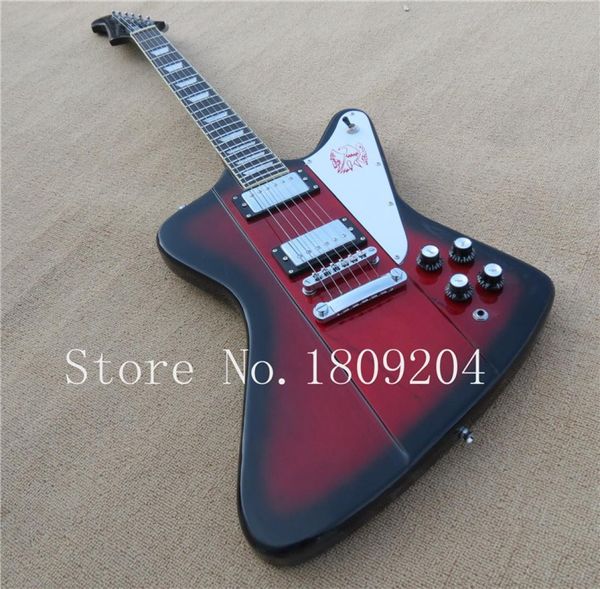 Tienda personalizada Vosfire Bird Thunderbird Red Black Edge Top Electric Guitar Ebony Difmitboard Trapezoid Mop incrustado cromado Hardware6818455