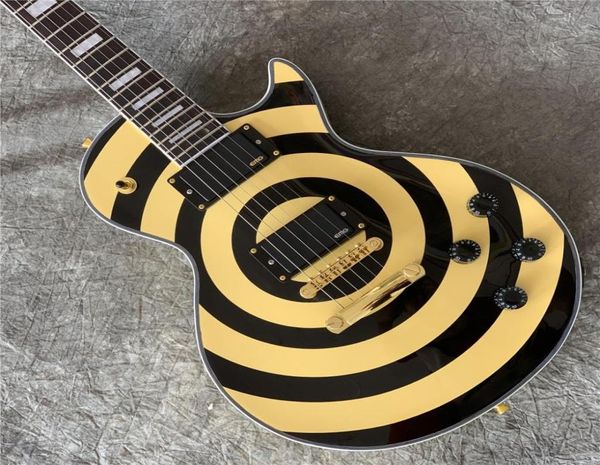 Tienda personalizada Zakk Black ed bullseye Guitarra eléctrica amarilla Diapasón de mástil de arce Bloque de perlas blancas Incrustación Copia E8647563