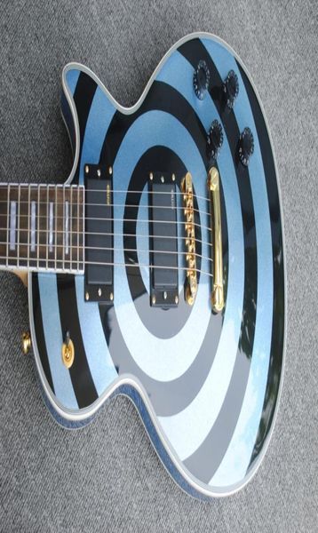 Atelier personnalisé Zakk Wylde Bullseye Bleu métallique noir guitare électrique Bloc blanc Perle Copy Emg Pickups passive Gold Hard9616716