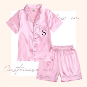 Pyjamas en soie personnalisés pour enfants, filles et garçons, pyjama en satin solide pour enfants, vêtements personnalisés, cadeau de salon, vêtements de nuit, pyjama DIY 220809