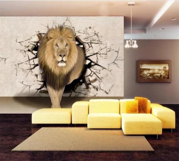 Tamaño personalizado 3D PO Fondo de pantalla Mural Mural Lion Wall Hole 3d Picture Sofá Fondo de retención Mural Home Decor Creative El Study Wal7054598
