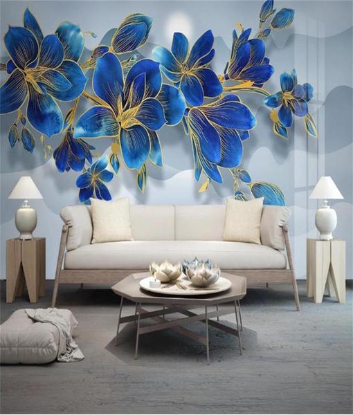 Tamaño personalizado 3D PO Wallpaper Mural Sala de estar Blue Flowers Magnolia 3D Sofá TV