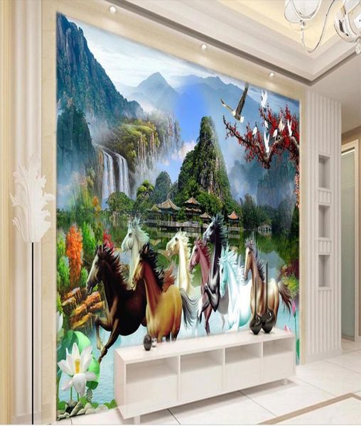 Tamaño personalizado 3D PO Wallpaper Mural Sala de estar 8 Caballos PRUEBA FLEAR Y BIRD Sofá Fondo de fondo TV