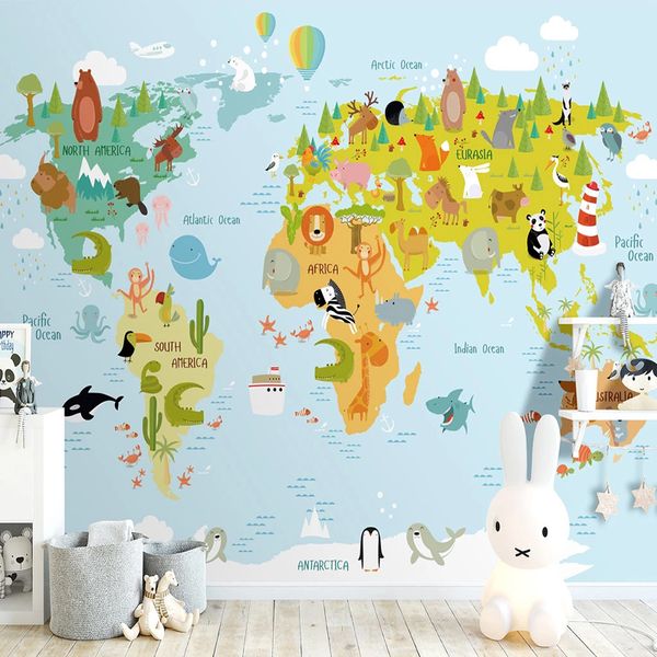 Papel pintado de mapa del mundo de animales de dibujos animados modernos de tamaño personalizado para habitación de niños decoración de dormitorio de niños papel de pared de foto 3D