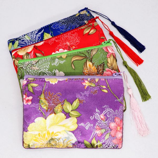 Petites pochettes à fermeture éclair personnalisées épais broderie chinoise soie brocart sac bijoux sacs de rangement femmes maquillage téléphone porte-monnaie 50 pcs/lot