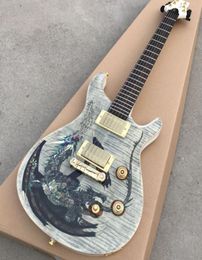 Custom Smith Private Stock Dragon 2000 White Gray Flame Maple Top Elektrische gitaar Dragon Abalone Pearl ingelegd Top Wood Body BI1675452