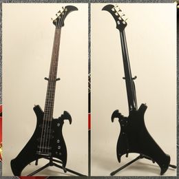 Aangepaste speciale vorm 4 string elektrische bas gitaar zwarte body digitale inleg chrome hardware
