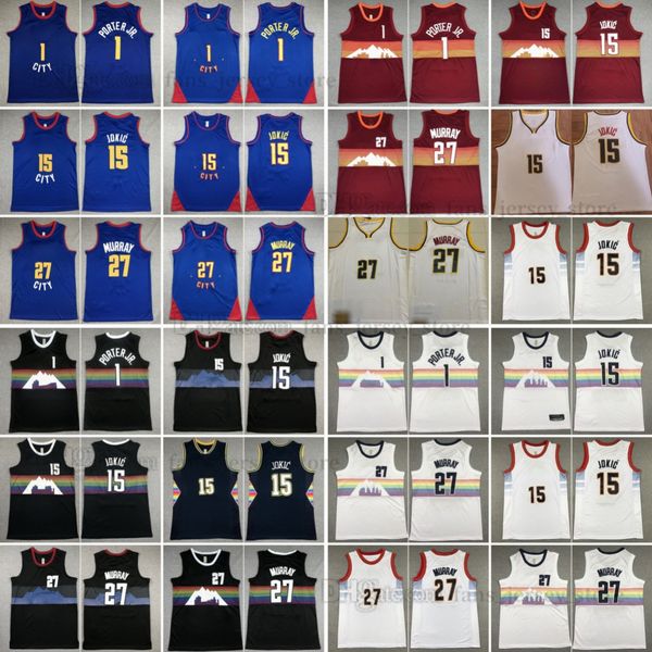 2023-24 New City Basketball Jerseys 15 Nikola 27 Jamal Jokic Murray 1 Michael 50 Aaron Porter Jr. Gordon Bleu Blanc Maillot cousu Hommes S-XXXL