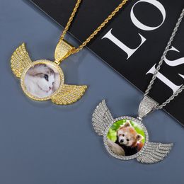 Custom Sublimate Po Memory Medallions Solid Angel Wings Pendant Necklace Hip Hop Jewelry Cubic Zirconia Chains Wings Necklace 240522