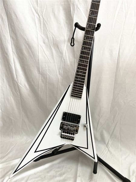 Custom Swallowtail Double Pendulum 24 Frets Guitare Électrique Corps Blanc Bande Noire Chrome Tremolo Bridge