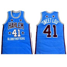 Custom Sweet Lou Dunbar # 41 Harlem Globetrotters Basketbal Jersey Heren Gestikte Blue Any Names Number Jerseys