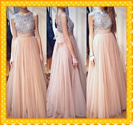 2022 Mode Naakt TuLle Sliver Crystal Crew Prom Dresses A Line Backless Ruched Bows Open Back Avond Formal Dress Jurken Custom Made