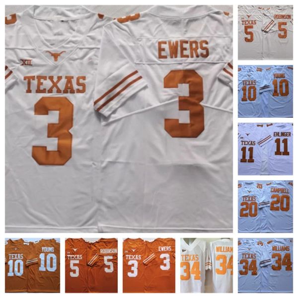 Maillot de football universitaire personnalisé Texas Longhorns en stock 3 Quinn Ewers 5 Bijan Robinson 10 Vince Young 11 Sam Ehlinger 20 Earl Campbell 34 Ri