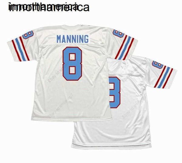Personnalisé Throwback Manning # 8 Maillot de football blanc bleu cousu n'importe quel numéro de nom