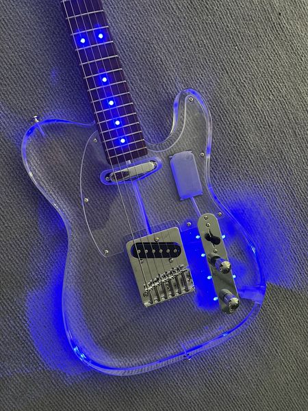 Guitarra eléctrica transparente acrílica modelo TL personalizada, luces LED de Color intermitente, cuello de arce en cigüeña