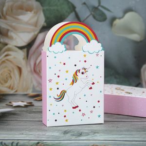 Aangepaste eenhoornpapier Goodie Gift Bag met regenbooghandvatten voor kinderen Verjaardagsfeestje Supplies A365