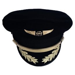 Casquette de pilote haut de gamme personnalisée, chapeau de capitaine de compagnie aérienne, uniforme de fête d'halloween, chapeaux militaires noirs pour hommes et femmes à large bord 258h