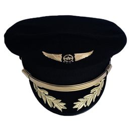 Casquette de pilote haut de gamme personnalisée, chapeau de capitaine de compagnie aérienne, uniforme de fête d'halloween pour hommes adultes, chapeaux militaires noirs pour femmes à large bord 1744