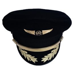 Casquette de pilote haut de gamme personnalisée, chapeau de capitaine de compagnie aérienne, uniforme de fête d'Halloween, chapeaux militaires noirs pour hommes et femmes à large bord 2825