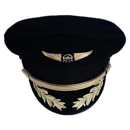 Casquette de pilote haut de gamme personnalisée, chapeau de capitaine de compagnie aérienne, uniforme de fête d'Halloween, chapeaux militaires noirs pour hommes et femmes à large bord 296U