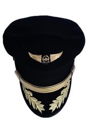 Casquette de pilote haut de gamme personnalisée, chapeau de capitaine de compagnie aérienne, uniforme de fête d'Halloween pour hommes adultes, chapeaux militaires noirs pour femmes à large bord 2795162
