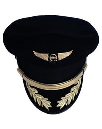 Casquette de pilote haut de gamme personnalisée, chapeau de capitaine de compagnie aérienne, uniforme de fête d'Halloween pour hommes adultes, chapeaux militaires noirs pour femmes à large bord 6062780