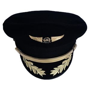 Casquette de pilote haut de gamme personnalisée, chapeau de capitaine de compagnie aérienne, uniforme de fête d'Halloween, chapeaux militaires noirs pour hommes et femmes à large bord 2825