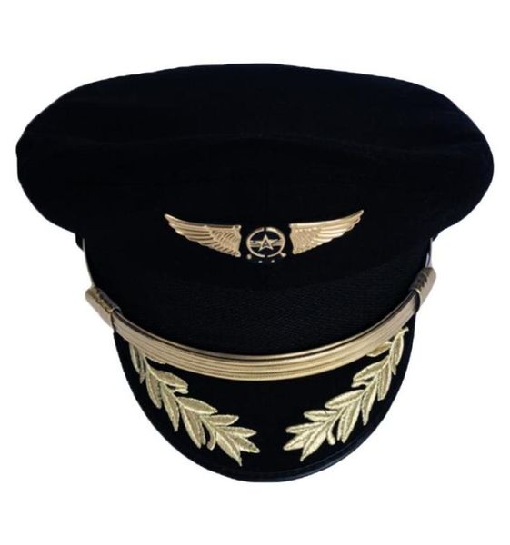 Captain de captaine Pilot haut de gamme personnalisé Captain Hat Uniforme Halloween Party Adulte Men Mens Military Black for Women Wide Brim5451182