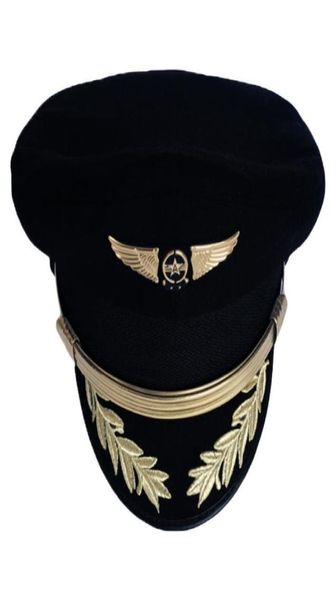 Captain de captaine Pilot haut de gamme personnalisé Captain Hat Uniforme Halloween Party Adult Hommes Chapeaux Militaires Black for Women Wide Brim6558821
