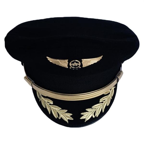 Casquette de pilote haut de gamme personnalisée, chapeau de capitaine de compagnie aérienne, uniforme de fête d'Halloween, chapeaux militaires noirs pour hommes et femmes à large bord 296U