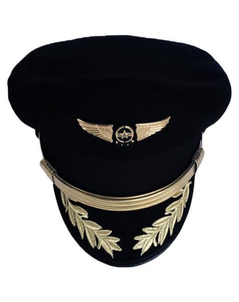 Casquette de pilote haut de gamme personnalisée, chapeau de capitaine de compagnie aérienne, uniforme de fête d'Halloween pour hommes adultes, chapeaux militaires noirs pour femmes à large bord 6062780