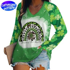 Op maat gemaakt los T-shirt met dubbele kraag en lange mouwen Zacht en comfortabel klassiek mode alles St. Patrick's Day cadeau 95% polyester + 5% spandex 253g groen