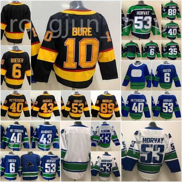 Custom Vancouver Hockey 53 Bo Horvat Jersey 6 Brock Boeser 40 Elias Pettersson 43 Quinn Hughes 35 Thatcher Demko Reverse Retro Team Blue Whi