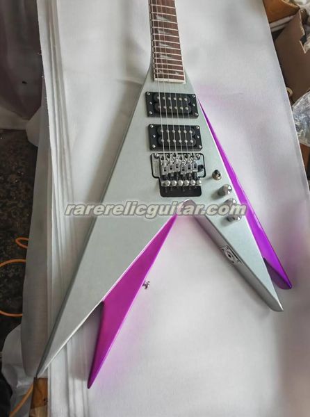 Custom Vinnie Vincent Double V Argent Violet Guitare électrique HH micros Floyd Rose Tremolo Shark Fin Inlay