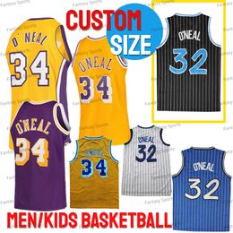 Custom Vintage 34 Shaquille ONeal Jersey 32 Shaq Retro Basketbal Jerseys Geel Paars Heren Maat 3XL 4XL Jeugd S M L XL Gestikt Big Size Jerseys