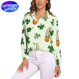 Camisa de manga larga casual vintage personalizada Suave y cómodo Transpirable Suelto Escote en V Moda todo Regalo del Día de San Patricio Poliéster 206g verde claro