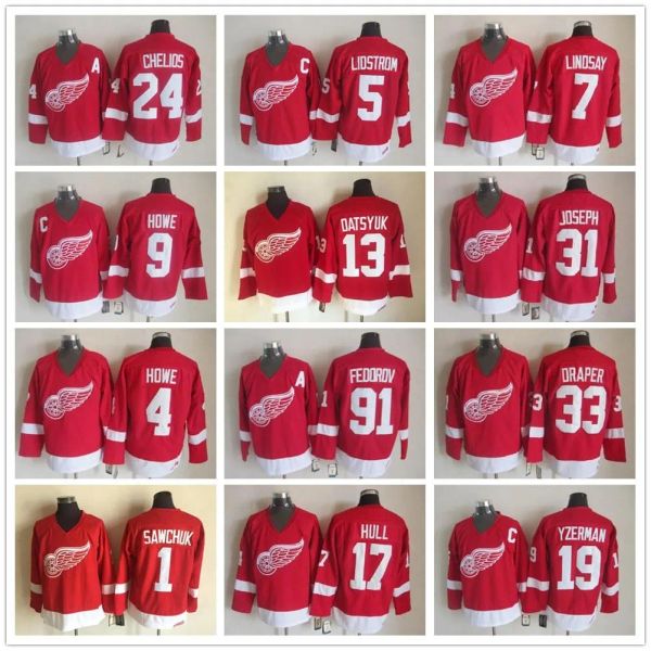 PERSONALIZADO Versión vintage Camisetas de Detroit Red Wings 19 YZERMAN 13 DATSYUK 24 CHELIOS 9 HOWE 31 JOSEPH 1 SAWCHUK 5 LIDSTROM Camiseta de hockey