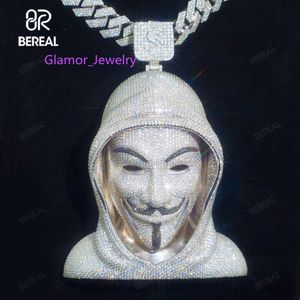 Vvs personnalisé Moisanite 3D V pour vendetta Cartoon Figure Face Pendant Iced Out Hip Hop Style Diamond 925 Silver Pendentif For Menman Mask Lion Head