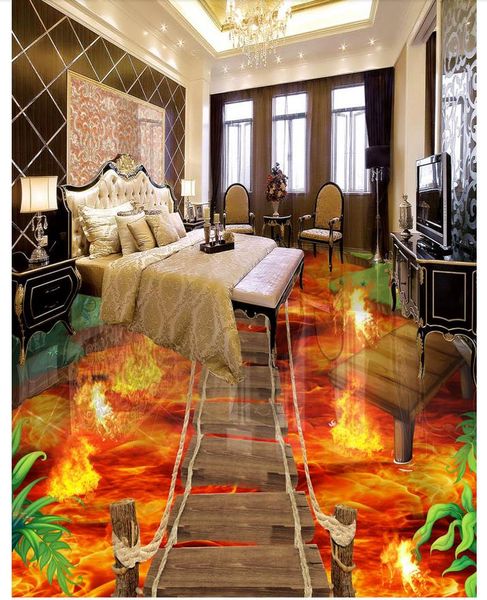 Personnalisé mural mural art papier peint peinture pont en bois falaise flamme flamme forêt 3d étage carreaux salon chambre décor intérieur