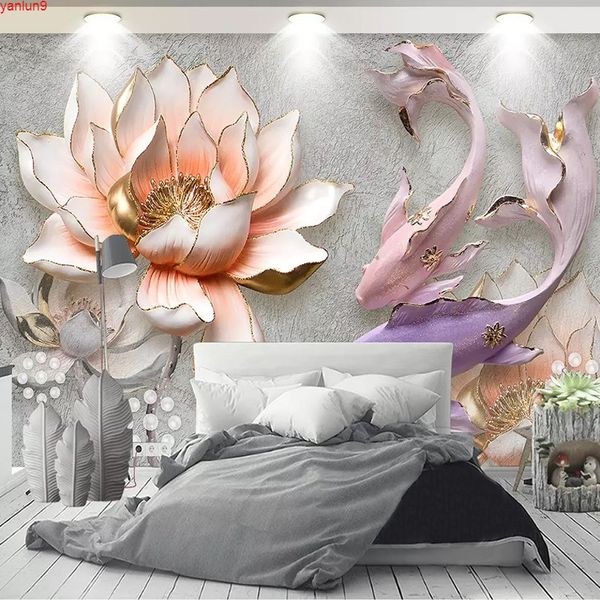 Pinturas murales de pared personalizadas papel tapiz con foto de pez y flor de loto en relieve 3D moderno para dormitorio, sala de estar, sofá, TV, pared de fondo, buena calidad