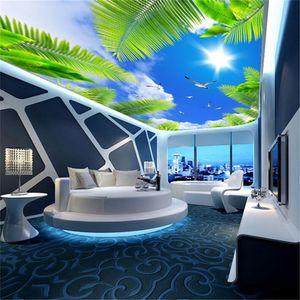 Aangepaste behang 3D Muurschildering Mooie blauwe hemel Witte wolken Kokosboom Zeer Bird Zon Ceafond Zenith Mural 3D Wallpaper