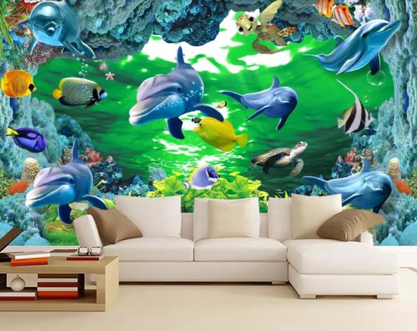 Papier peint personnalisé 3D tridimensionnel 3d dauphin rêve monde sous-marin enfant TV canapé fond mur salon chambre murale 3d papier peint