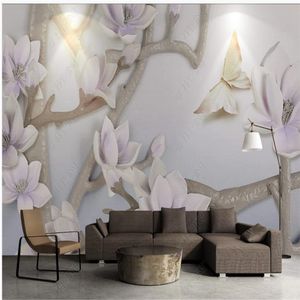 Papel pintado personalizado 3D Relieve tridimensional mariposa blanco Magnolia Fondos de pantalla Sala de estar Fondo de pared Decoración de pared Pintura