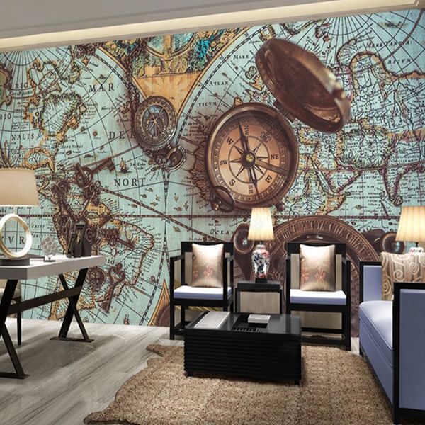 Papel tapiz personalizado 3D Vintage mapa del mundo reloj De bolsillo foto pared Mural restaurante café estudio fondo decoración De pared Papel De pared