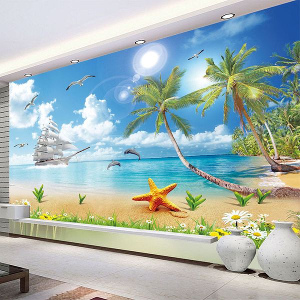 Papel pintado personalizado para paredes 3D playa paisaje playa foto mural papel de pared sala de estar sofá fondo pared papel de parede