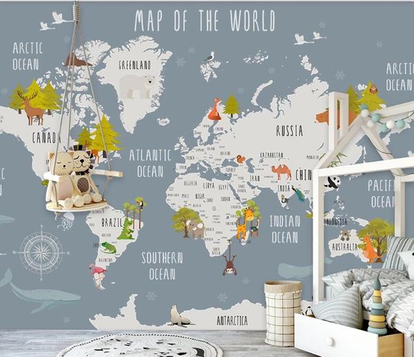 Papier peint sur mesure Carte du monde Fond Mur de mur Décoration pour enfants Carte de la chambre à air chaud Ballon Ballon Fond 3D Fond d'écran Mural