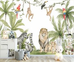 Custom Watercolor Jungle Nursery 3d papier peint mural mural pour enfants chambre animal papier peint de papier peint art décorer