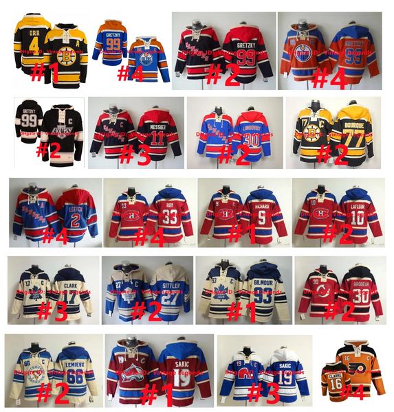 CUSTOM Wayne Gretzky Old Time Sweat à capuche Joe Sakic Bobby Orr Maillot de hockey Mark Messier Oilers Henrik Lundqvist Rangers Wendel Clark Penguins Le