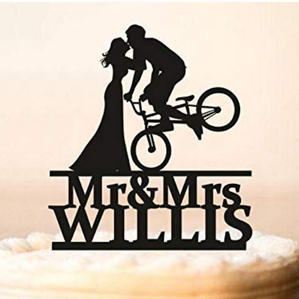 Décoration de vélo de mariage personnalisée, décoration de mariage, silhouettes de mariés sur vélo, décoration de gâteau avec Silhouette de vélo, 220618